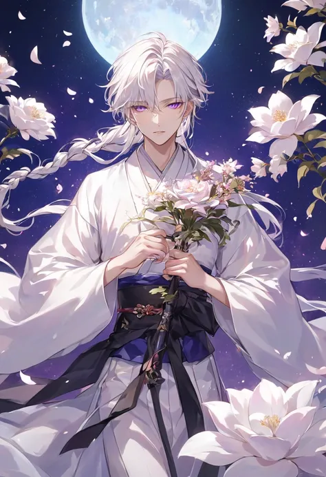 "A serene yet mysterious atmosphere envelops him. His appearance is youthful and elegant, with pale skin and long, silken white hair, intricately braided with a few loose strands framing his face. He wears a traditional hanbok-style outfit, but in deep, en...