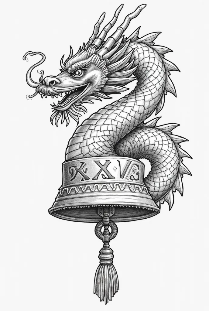 I want you to create a Chinese dragon shaped like an S and that it's around a bell, Add that the dragon and everything is in a bell and that it says XXV on it. That the entire drawing only has its outline so it's easy to put on a pin.