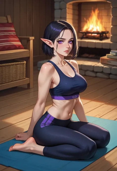 anime girl, elf girl, beautiful, 19 years old, young girl, sexy, bob haircut, black hair, purple eyes, detailed eyes, palid skin, no windows, night time, wooden cabin background, fireplace, doing yoga, yoga clothes, yoga pose, embarassed, sexy clothes, sex...