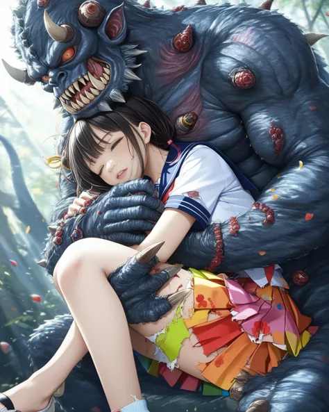  TOP QUALITY、((Ultra Fine Illustration)),(The girl&#39;s whole body is visible、 Anime Girl 、Monsters bodylock a girl:1.9), high definition,  Anime Girl 、cute、detailed skin texture with hair on back of hand, detailed fabric texture,   extreme detailed expla...