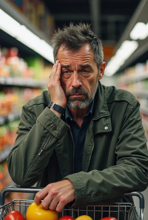 A realistic image of a man in a supermarket, looking at food prices with a sad and discouraged expression. Their face shows deep concern, with slightly furrowed eyebrows, downcast eyes, and a tense mouth. One hand rests on their forehead or supports their ...