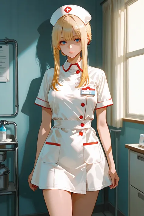 Blonde, long hair, white nurse costume,expressionless,