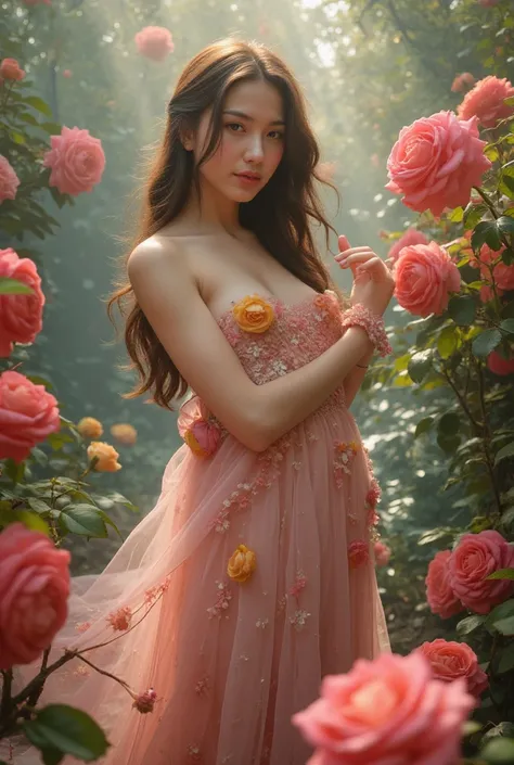 A stunning ethereal scene featuring a woman with long flowing hair, surrounded by vibrant roses. She is wearing a delicate, intricately designed gown that incorporates flowers into its fabric. The background is a mesmerizing blend of soft, diffused light a...