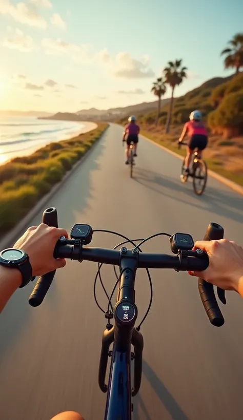 Ultra-realistic first-person POV of a woman cycling on a smooth bike path near the beach, with a scenic view of the ocean. Her hands grip the handlebars firmly, and a stylish smartwatch is clearly visible on her left wrist, displaying real-time fitness dat...