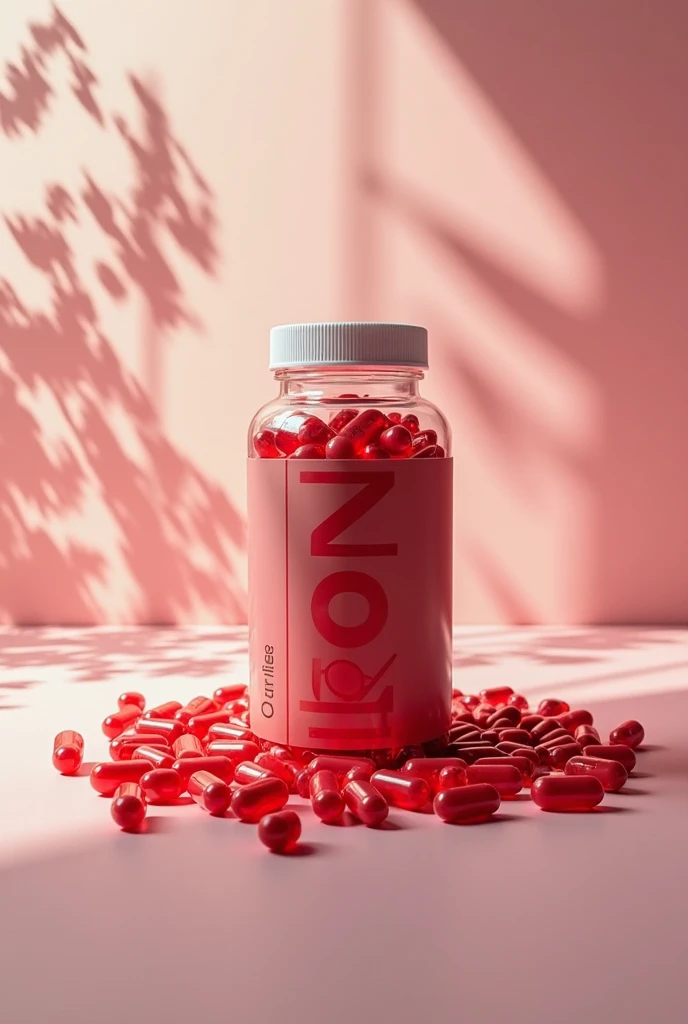 Make a background picture for my iron supplements like spread some supplements (red color capsules) around the bottle and make it look like an promotion picture 