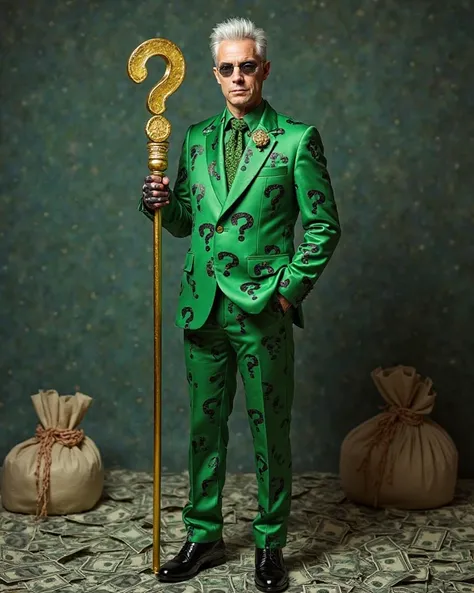 The Riddler has a flamboyant and iconic look. He wears a vibrant green suit covered with several black question marks, reinforcing his identity as an enigmatic villain. The costume includes matching pants and green shoes with black details. Her hair is sho...