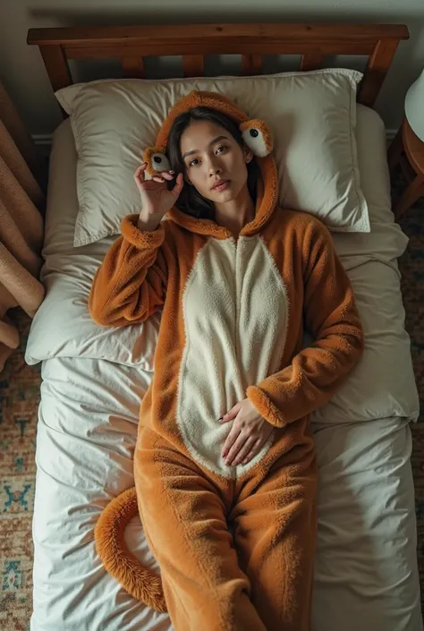 18 years girl lying on bed in monkey suit, the view is from above, capturing the two lying on the bed from a bird's-eye perspective