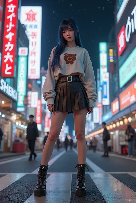 *"Ultra-realistic portrait of Aiko Nakamura, a stunning Japanese woman in her mid-20s with a voluptuous hourglass figure (full breasts, narrow waist, and wide hips), standing confidently in the heart of Tokyo.

Appearance:

Hair: Long and straight, blue-bl...