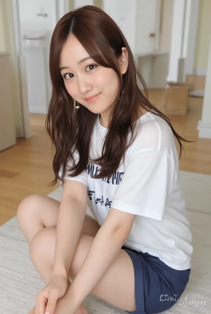 squatting and legs spread、 Japanese、Gross々  black hair、White gym shirt、big breasts、 dark blue bloomers on the side、big butt、big eyes、pure white skin、blindingly bright lights、seductive smile, NSFW