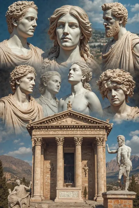 Give me a collage with lots of images of Greek sculpture and architecture 