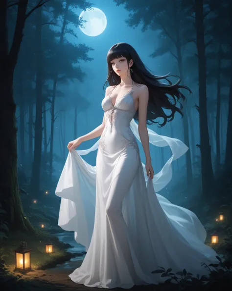 A woman with long black hair, a good figure, wearing only white, standing in the middle of a forest, at night(ghost)