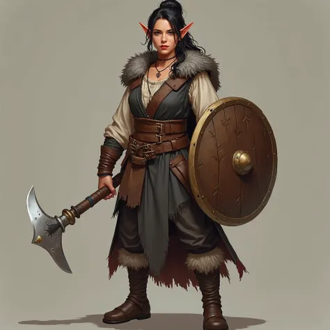 Make a full-bodied female character, expressions from a Halfling Race role-playing game with the Barbarian class, She's a very strong character who measures 1,5 m, Your skin is light, half red and your ears are pointy, dark hair tied , with subtle and dark...