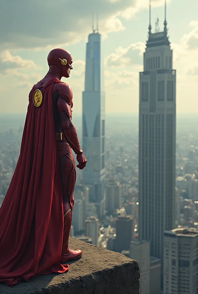 Flash in justice league is looking at the top of the 2 building while his position is on the left side and the two building is on the right side while flash is on side view in landscape picture 