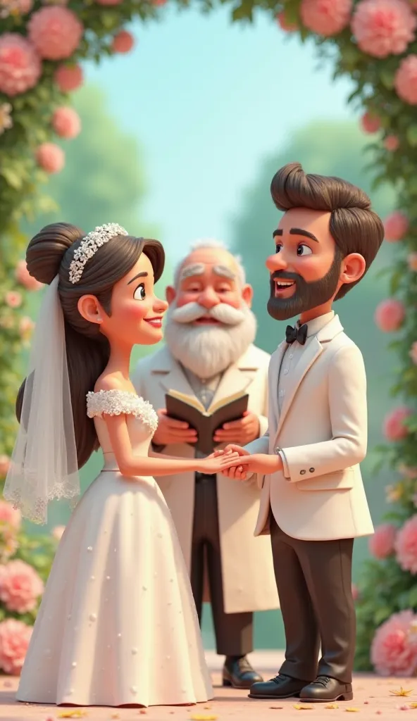 There is a beautiful girl and a man with a short black beard, both of them are getting married, and a white bearded man wearing a white tuxedo, holding a book in his hand, picture 3D cartoonish 