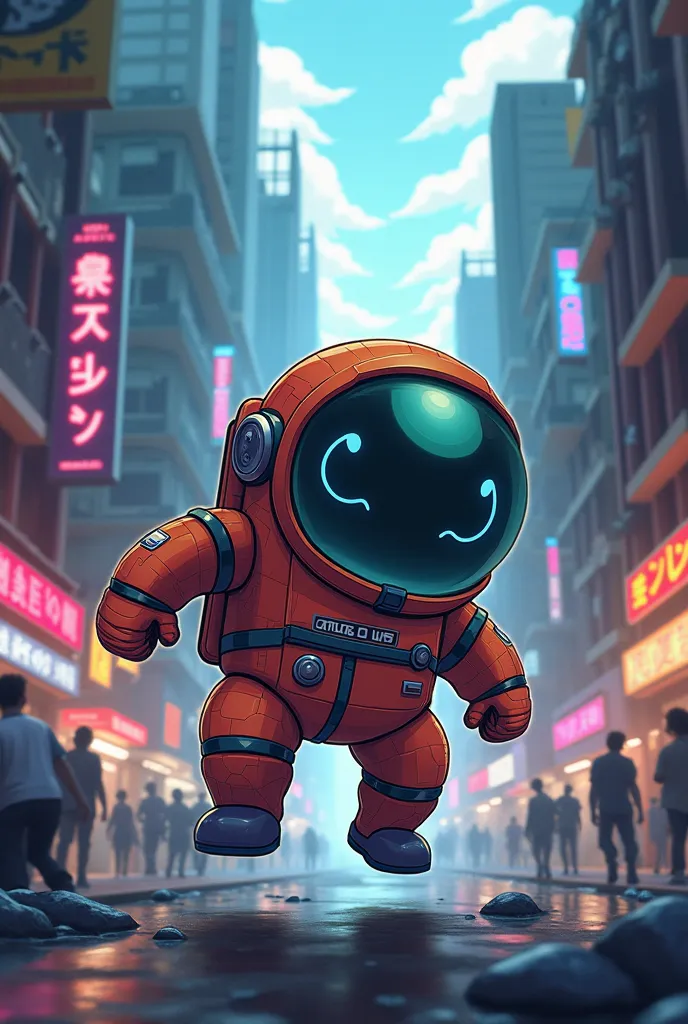 Drawn in japanese anime pokemon style a picture of a pokemon - style creature based on Among Us astronaut character, sneaking in a urban area