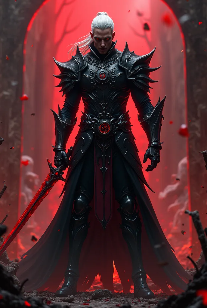 black man with white hair tied back wearing black armor red eyes and vampire, holding a red blade ladder, rpg, dark fantasy, hell knight