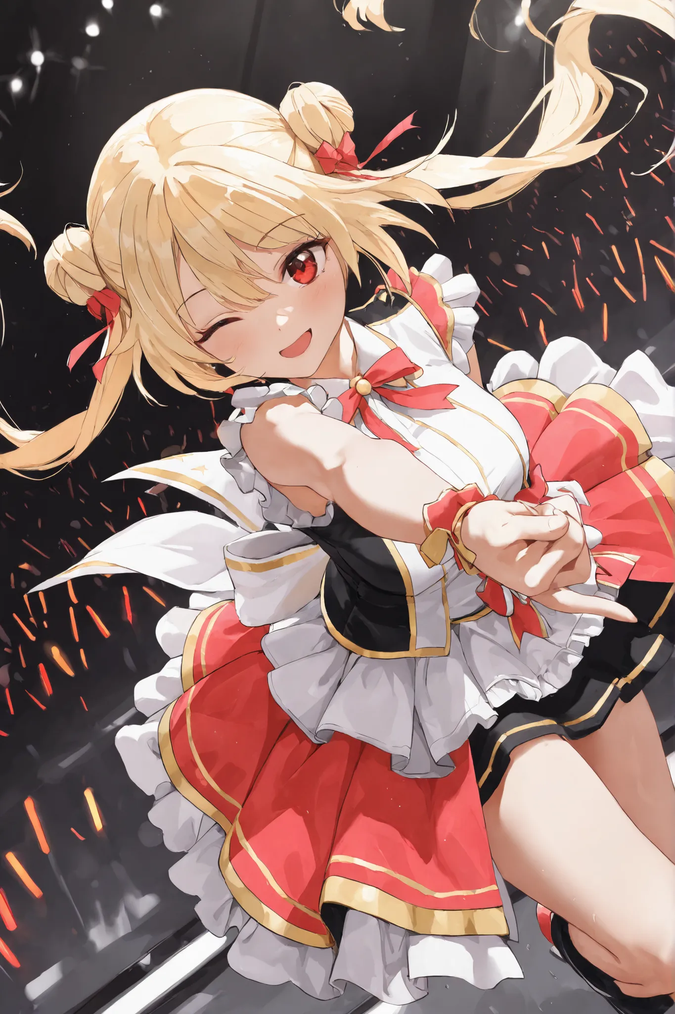 best quality, masterpiece, official quality, ultra-detailed, 2d, BREAK, 1girl, adult, (hair buns, twintails, blonde hair), red eyes, cute eyes, idol uniform, wink, dynamic angle, looking at viewer, 