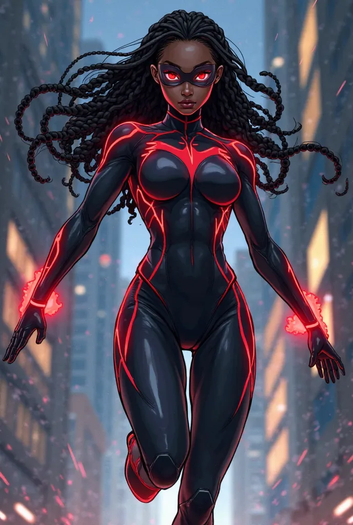 PAn anime-style illustration of 'The Masked Fury,' a Black female superhero with an athletic, muscular build. She wears a sleek, futuristic black and red bodysuit designed for speed and agility, featuring glowing red accents. Her mask covers the upper half...