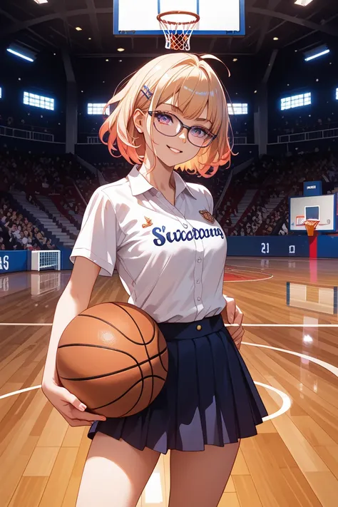 I want an ephemeral female college student wearing glasses to add music and basketball elements to the background