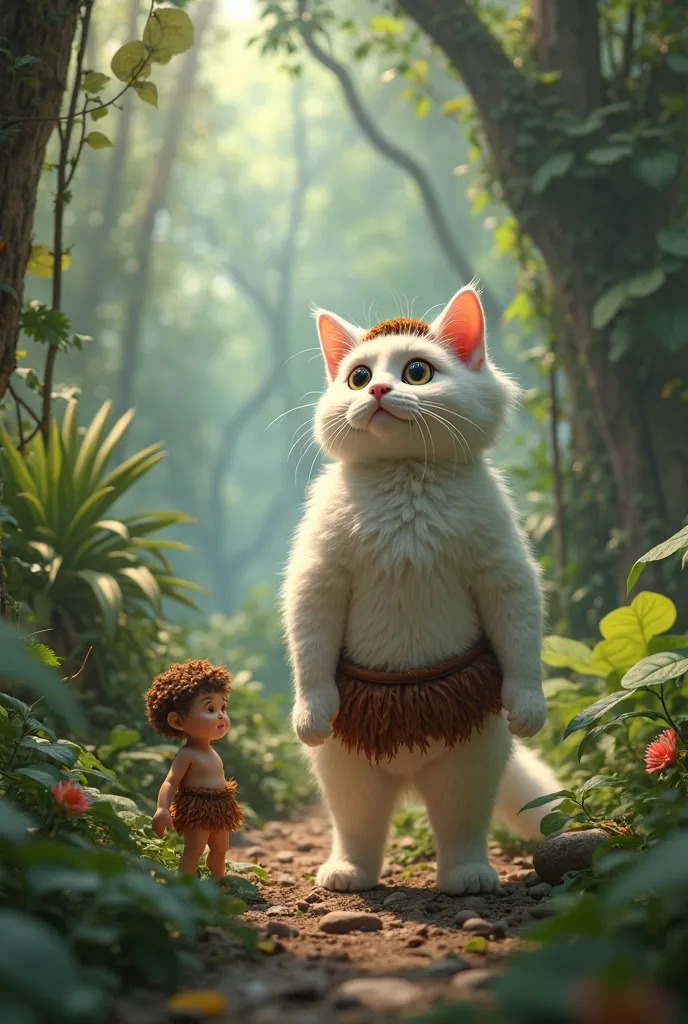 A white adult fluffy cat is in the jungle dressed as Mowgli standing on two legs as a man finds a small human  