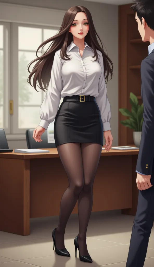 A young lady with long brunette hair and dressed as an office secretary with glasses. Are cămașă alba și fusta neagra lucioasa scurta și strampi negri cu tocuri negre în picioare. She was in the boss's office waiting for orders 