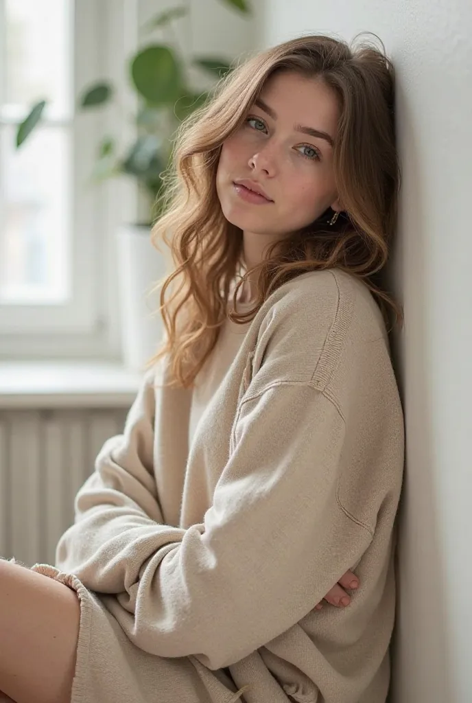 `(Young woman leaning against a minimalist white wall:1.3), one knee bent, (arms crossed loosely:1.2), (oversized beige sweater:1.2), (natural wavy hair:1.1), (soft daylight from window:1.4), slight smirk, [pose: relaxed confidence], [camera angle: eye-lev...