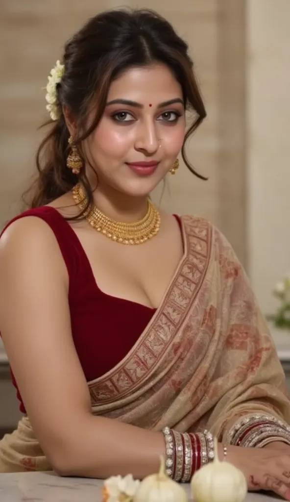 High res pov photo of a young woman portrait withdark brown hair pulled back, is dressed in a maroon sleevless blouse with plunging neckline showing deep clevage and huge breast and a patterned sari.  The sari's colors are muted tones of browns and creams....