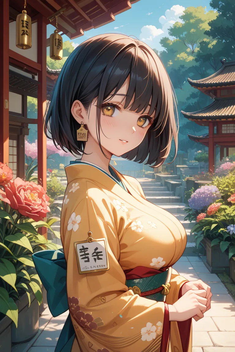 Flower Guy, Black Hair, Bob Cut, Golden Eyes, Kimono, Shy, Big Breasts 