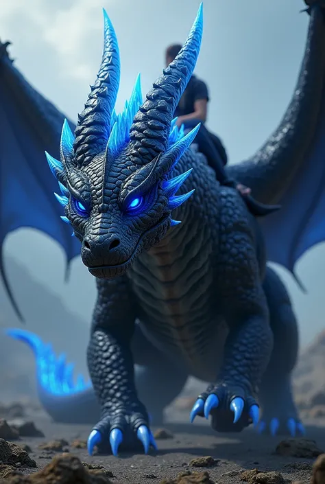 Black dragon with blue sparkles, completely white and shiny eyes, claws and long horns in electric blue, fierce, big,  impressive,  Realistic. That there is room on the back for a rider