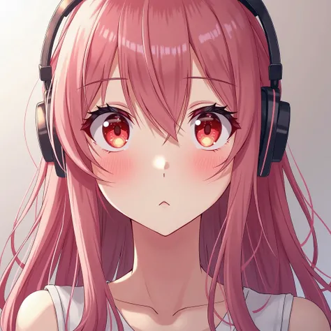 Portrait of a woman, anime, who gives us on half of her face with very long pink hair, very red eyes, soothed face, charismatic and beautiful, innocent unhappy, on her face. She gives us on half of her face by highlighting her red eyes, wear a music headph...