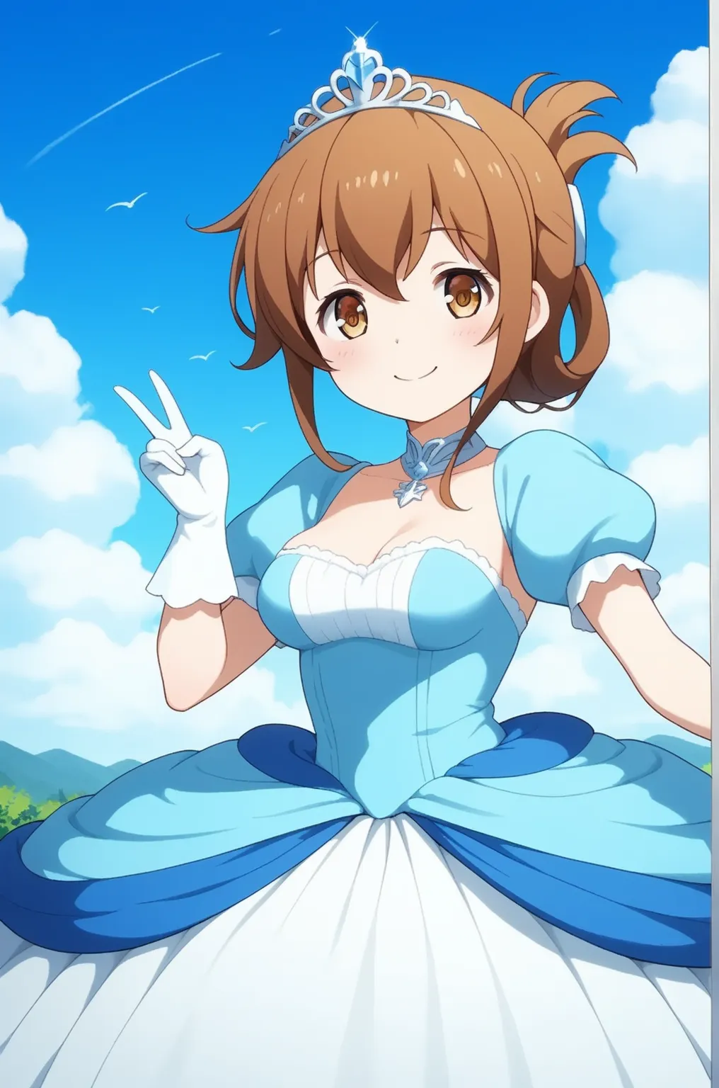 1girl, ((inazuma)), long hair, brown hair, brown eyes, folded ponytail, inazuma (kancolle), (medium breasts), {{{smile}}}, {{{solo}}}, {{{{masterpiece}}}}, {{{best quality}}}, {{{high quality}}}, {{{princess costume}}}, {{{{{puff sleeve}}}}}, {{{princess}}...