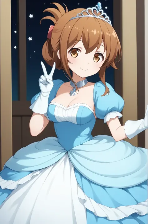 1girl, ((inazuma)), long hair, brown hair, brown eyes, folded ponytail, inazuma (kancolle), (medium breasts), {{{smile}}}, {{{solo}}}, {{{{masterpiece}}}}, {{{best quality}}}, {{{high quality}}}, {{{princess costume}}}, {{{{{puff sleeve}}}}}, {{{princess}}...