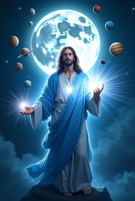 Hd clear quality The intense white aura over of beautiful Lord Jesus-clear blue eyes-brown hair-blue robe- holds up in his hand all seven planets-behind him  Full moon in space  7 lights that shines.