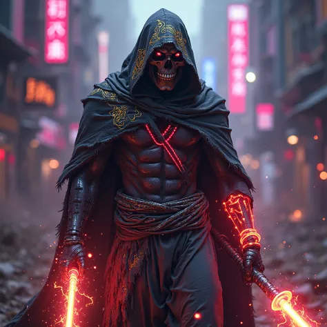 A menacing cyber-demon warrior emerges from a dystopian, neon-lit wasteland. His skull-like head, scarred with glowing fissures and radiating infernal energy, is framed by a long, tattered cloak that drapes over his face, obscuring his nose and mouth. The ...