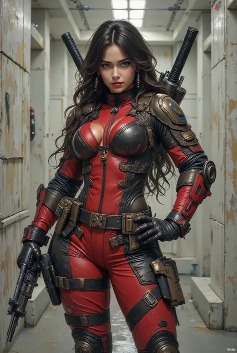 Lady Deadpool, wide hips, thick legs, hottie, sexy, seducing, medium hard breasts, 