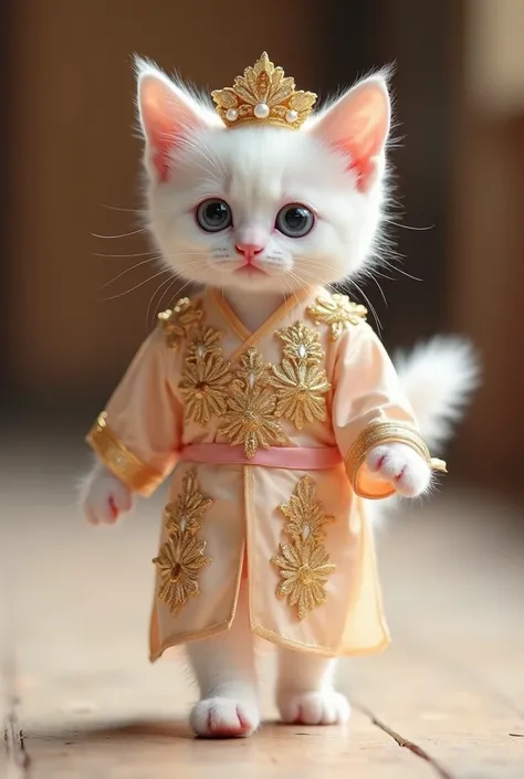 A sweet, white kitten with oversized ears and a curious expression gracefully walks down the ramp in an elegant traditional Thai outfit. She’s wearing a delicate silk chong kraben in pastel shades with intricate golden embroidery, paired with a matching sa...