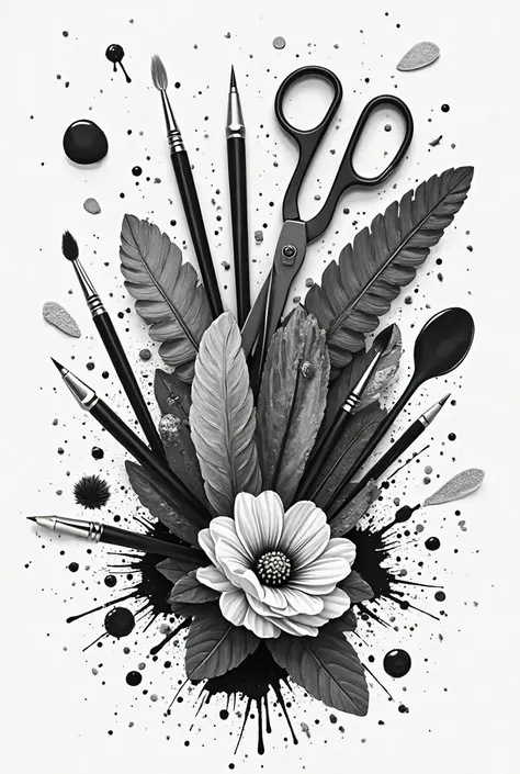 A black and white cover (so that ren can color), that contains images of art elements such as paint stains, plastic, scissors, brushes, pencils. And let it say VISUAL ARTS