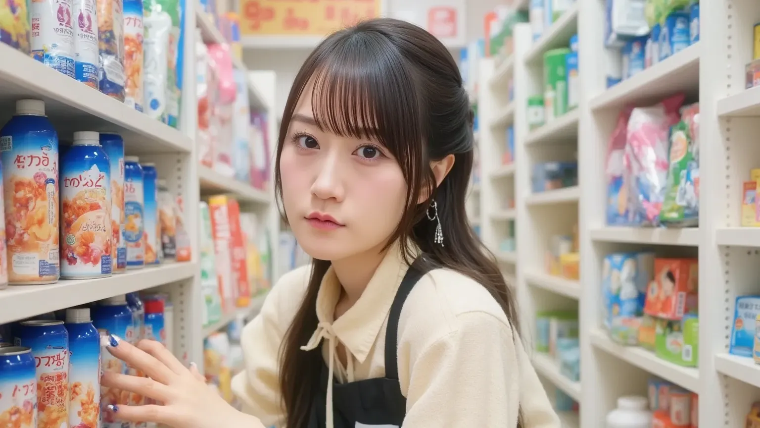 "Japanese female convenience store clerk restocking the shelves in a clean, well-lit convenience store. She is wearing a typical convenience store uniform, consisting of a shirt, apron, and name tag. The store interior is neat and organized, with a variety...