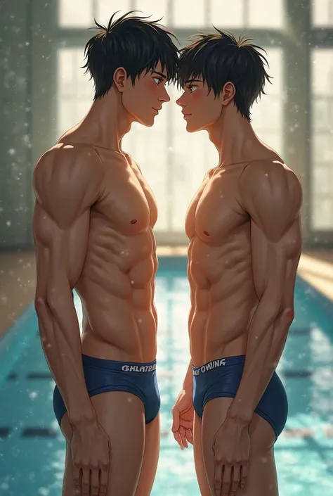 Japanese age boys　 Sportsman　attracted to each other and ask for a kiss　They are muscular and both wear competitive swimming boomerang pants