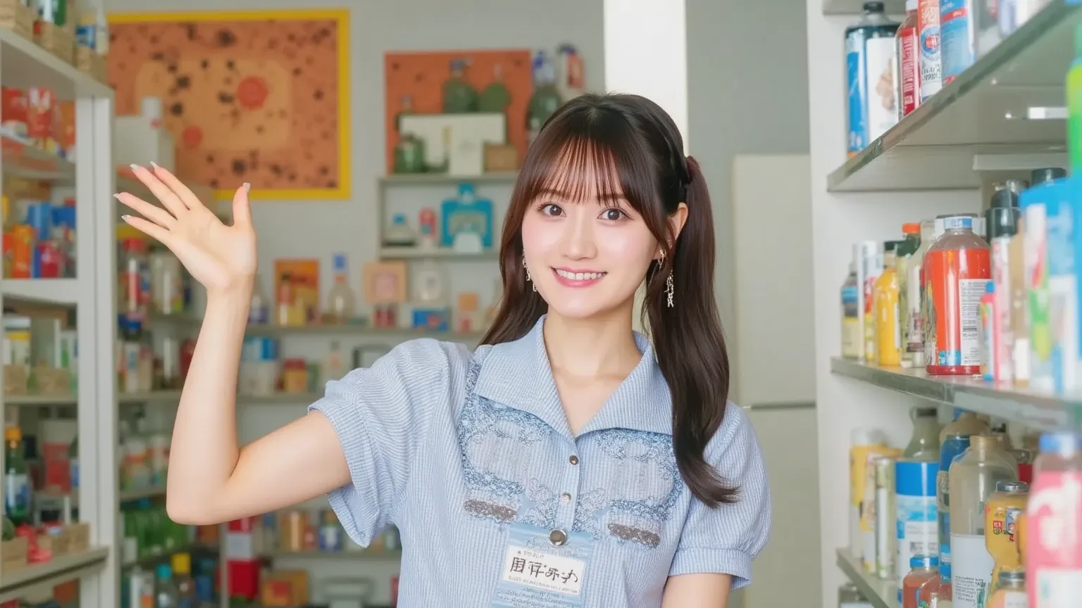 "Japanese female convenience store clerk restocking the shelves in a clean, well-lit convenience store. She is wearing a typical convenience store uniform, consisting of a shirt, apron, and name tag. The store interior is neat and organized, with a variety...