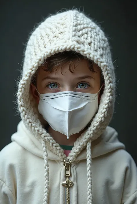 A boy who has borsch disease is wearing a shanagh and a mask with a white hoodie