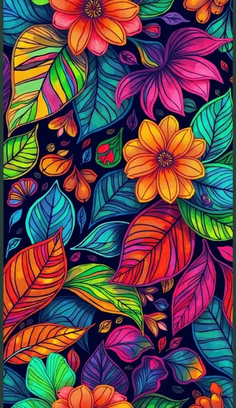 A vibrant, colorful pattern of stylized flowers and leaves.  The image is a dense arrangement of various blossoms and leaves in a wide array of bright, bold colors including orange, red, pink, purple, yellow, green, blue, and teal.  The shapes of the flowe...