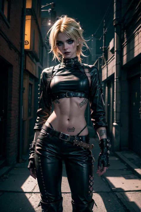 skinny, jinx, lora_Emma, punk, makeup, super skinny punk teen girl with blond hair, wearing baggy punk style pants with straps, a tight shirt with extra long sleeves, a pair of punk leather boots, detailed, blond hair, striking punk rock pose, moody lighti...