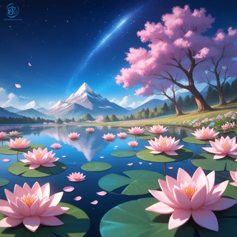 mountain, Flower area, Lotus flowers , lights,  starry sky