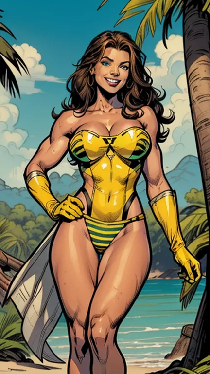 Sexy skimpy Smiling cheerful suntanned Rogue from Marvel's X-Men with very long down loose brown and white striped hair down to her hips and blue eyes wearing strapless torn shredded ripped yellow and green Savage Land costume and gloves, in the Savage Lan...