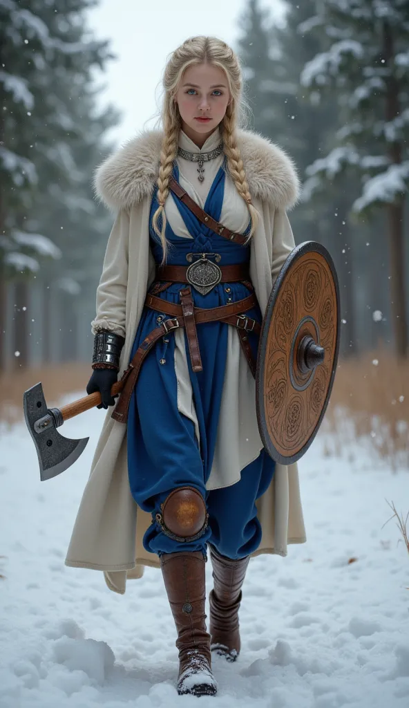 A stunning 20-year-old Finnish assassin from the 13th century strides forward with silent determination, sexy, big boobs, exuding both grace and lethal precision. Her icy blue eyes hold a sharp, calculating gaze, framed by long blonde hair intricately brai...