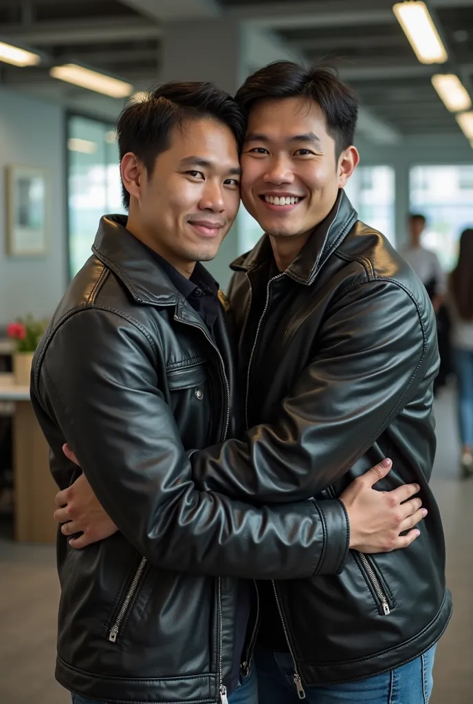 two men hugging, wearing leather jackets, shiny black shoes, one with black side parted undercut hair "not long but short hair" standing behind, the other with "short fat body in front", Indonesian faces, Indonesian people, they are looking at the camera, ...