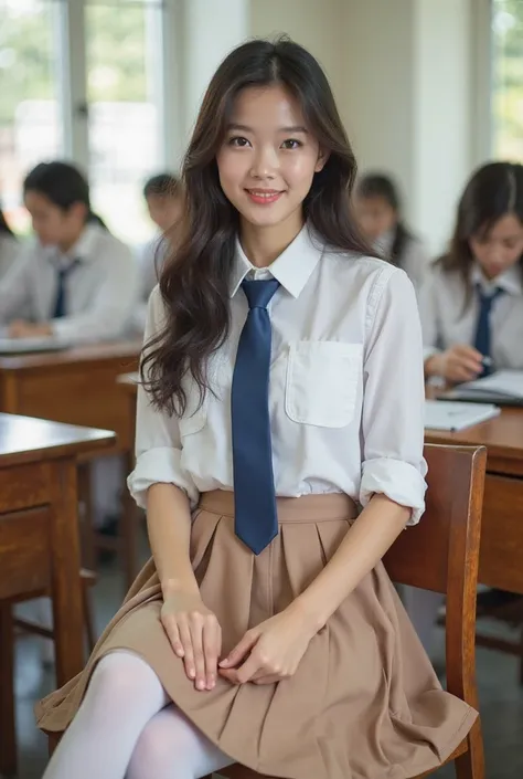 beautiful college girl in white shirt, light brown skirt, blue tie and white stockings sitting on a bench in classroom. she is looking ar me and her hand is on her skirt lifiting it up. high quality image