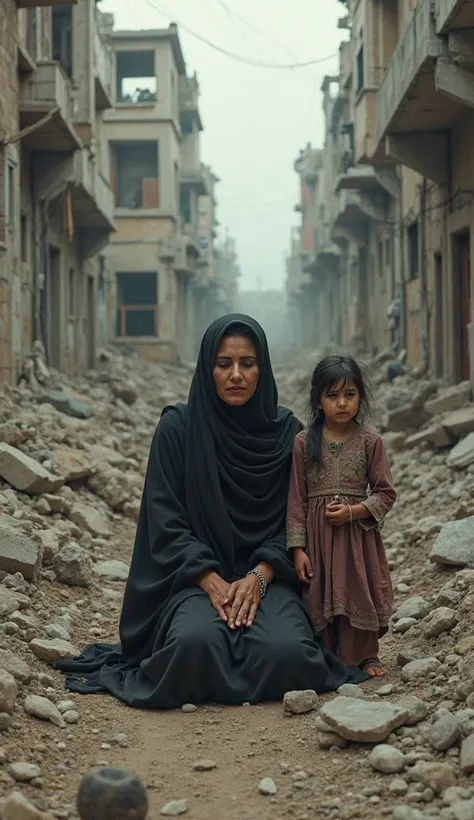 "A Palestinian mother in a hijab kneels on the ground, crying, with her daughter Nour by her side. The ruins of their home are all around them, the destruction symbolizing their pain."
