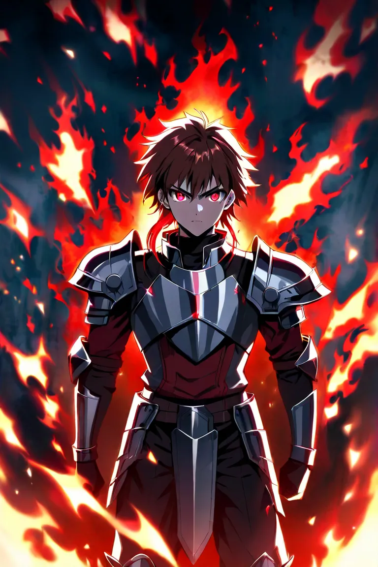 Anime boy, brown hair, red locks, ruby ​​red eyes, determined look, tall and thin, knight's armor, red and black, with fire surrounding him